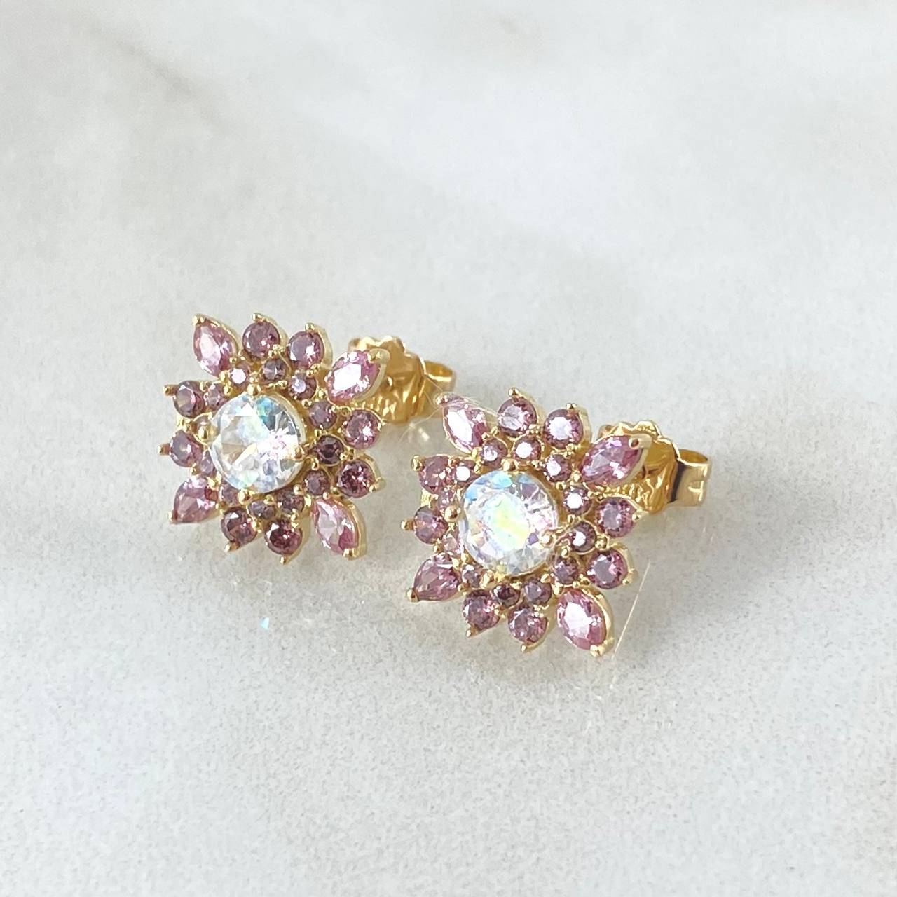Set Flor Estrellada - Topos 1.2cm - Anillo T6 1/4 4.7gr Circones Lila Blanco Nac.Esp. Oro 18K