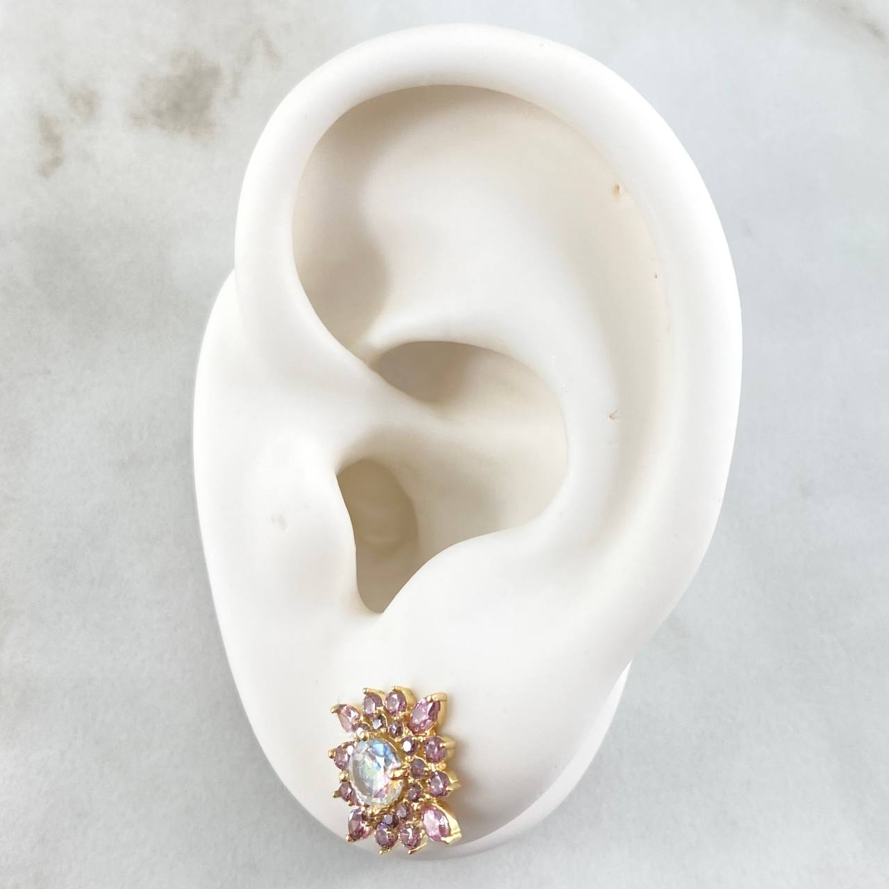 Set Flor Estrellada - Topos 1.2cm - Anillo T6 1/4 4.7gr Circones Lila Blanco Nac.Esp. Oro 18K