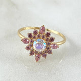 Set Flor Estrellada - Topos 1.2cm - Anillo T6 1/4 4.7gr Circones Lila Blanco Nac.Esp. Oro 18K