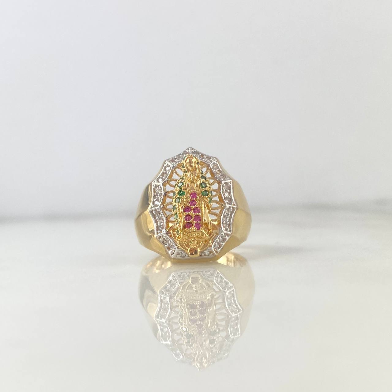 Anillo Virgen de Guadalupe Filigrana 6.4gr / T6 1/2 / Circones Blancos Fucsias Verdes Dos Oros Amarillo Blanco