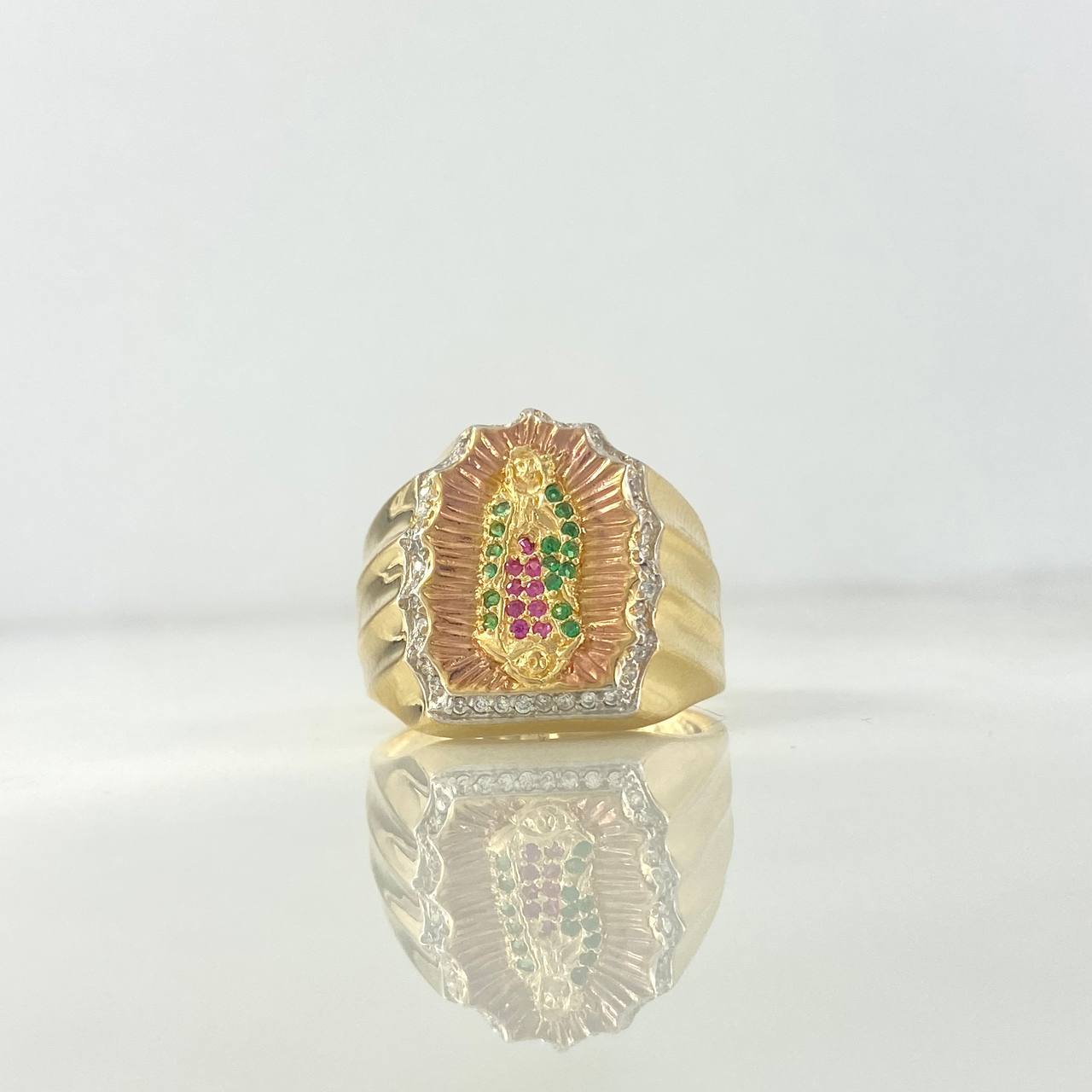Anillo Virgen de Guadalupe Silueta 6.4gr / T9 3/4 / Circones Blancos Fucsias Verdes Tres Oros ©