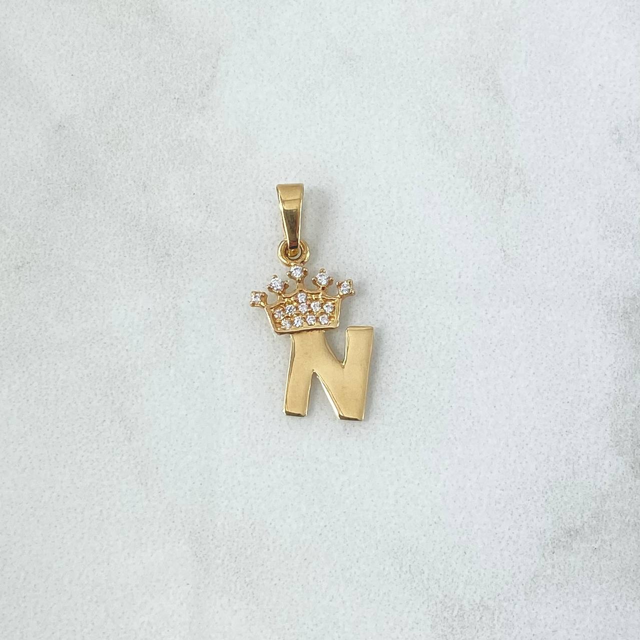 Dije Letra N Corona 0.95gr / 2.3cm / Circones Blancos Oro Amarillo 18K