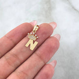 Dije Letra N Corona 0.95gr / 2.3cm / Circones Blancos Oro Amarillo 18K