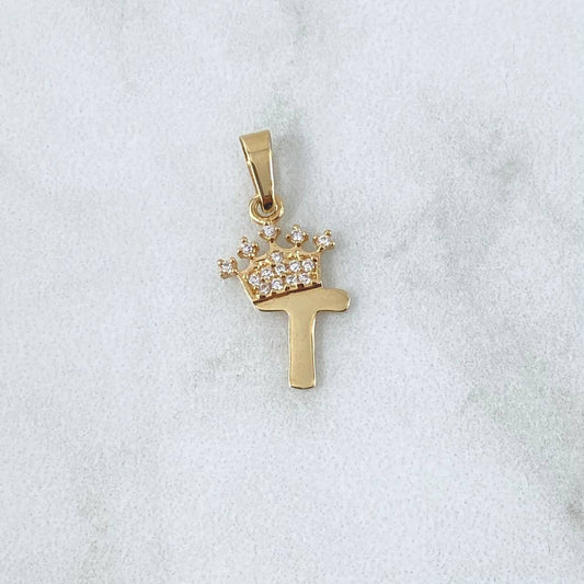 Dije Letra T Corona 0.9gr / 2.3cm / Circones Blancos Oro Amarillo 18K
