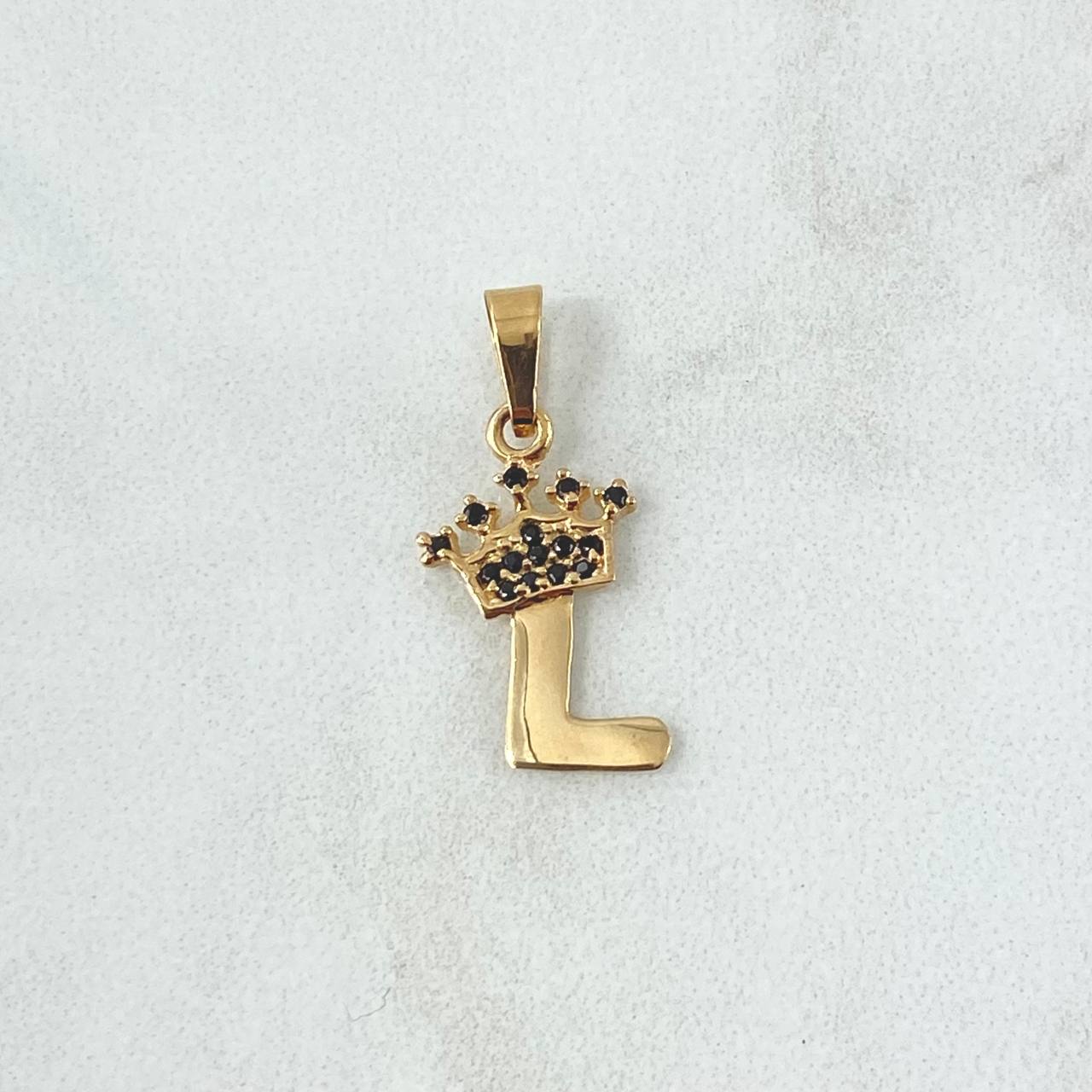 Dije Letra L Corona 0.8gr / 2.3cm / Circones Negros Oro Amarillo 18K