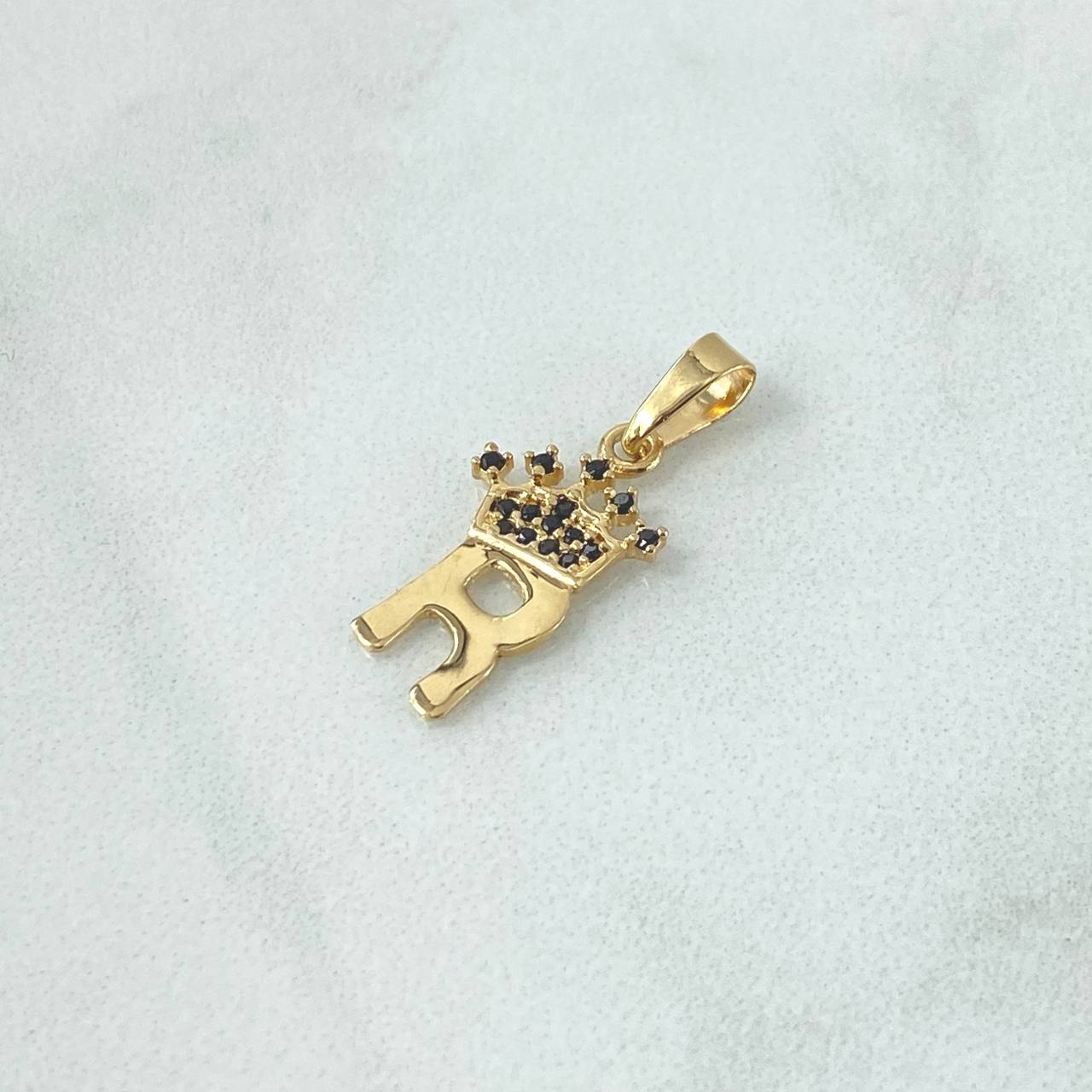Dije Letra R Corona 1gr / 2.3cm / Circones Negros Oro Amarillo 18K