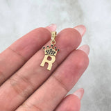 Dije Letra R Corona 1gr / 2.3cm / Circones Negros Oro Amarillo 18K