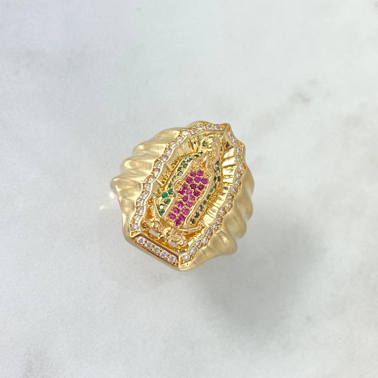 Anillo Virgen de Guadalupe Silueta 12.45gr / T12 / Circones Blancos Fucsias Verdes Oro Amarillo *