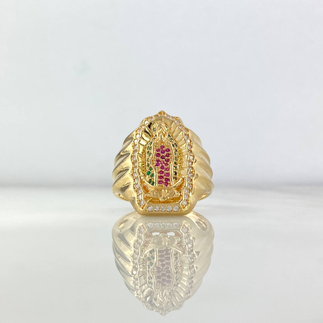 Anillo Virgen de Guadalupe Silueta 12.45gr / T12 / Circones Blancos Fucsias Verdes Oro Amarillo *