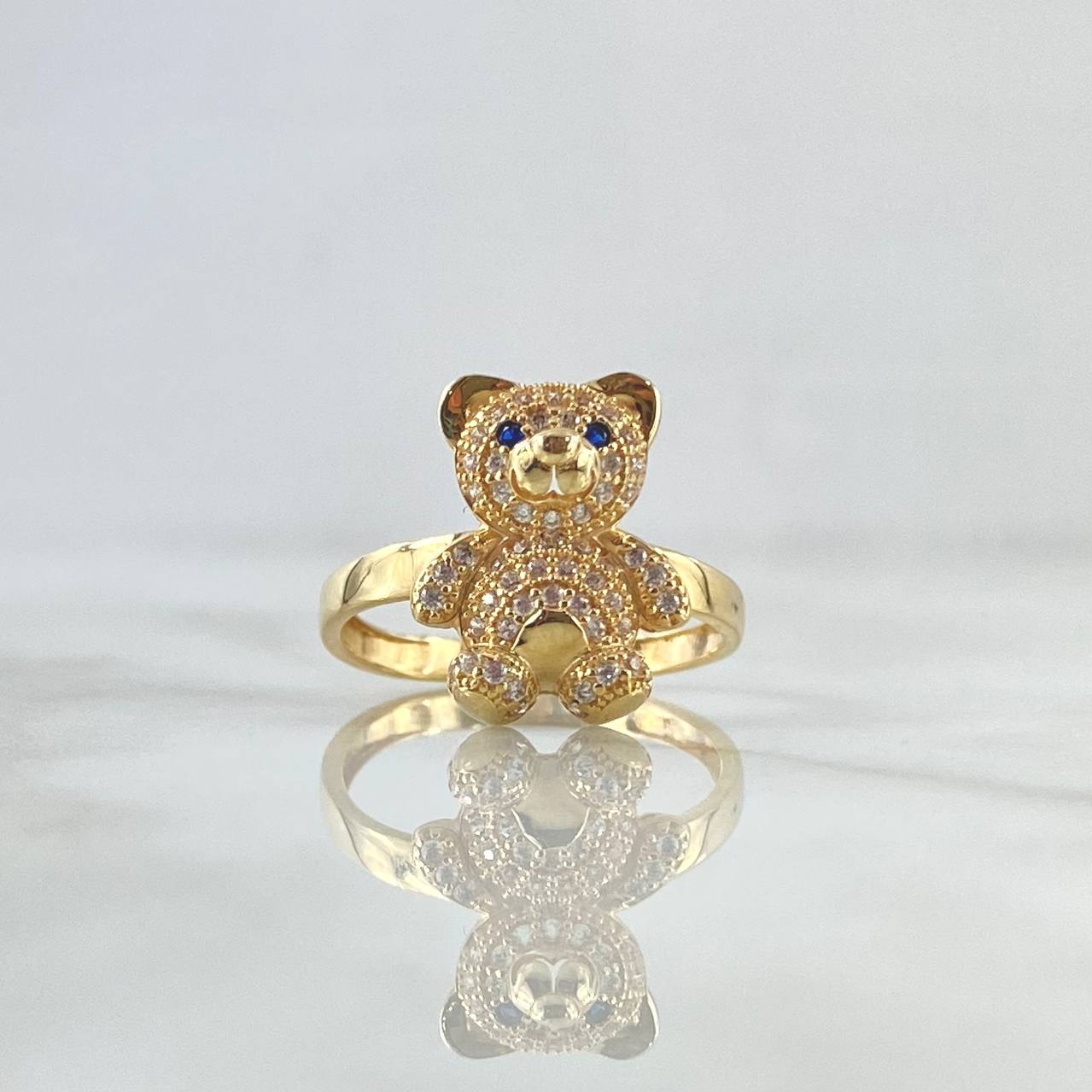 Anillo Oso 3.45gr / T7 3/4 / Ciricones Blancos - Ojos Azules Oro Amarillo 18K ©