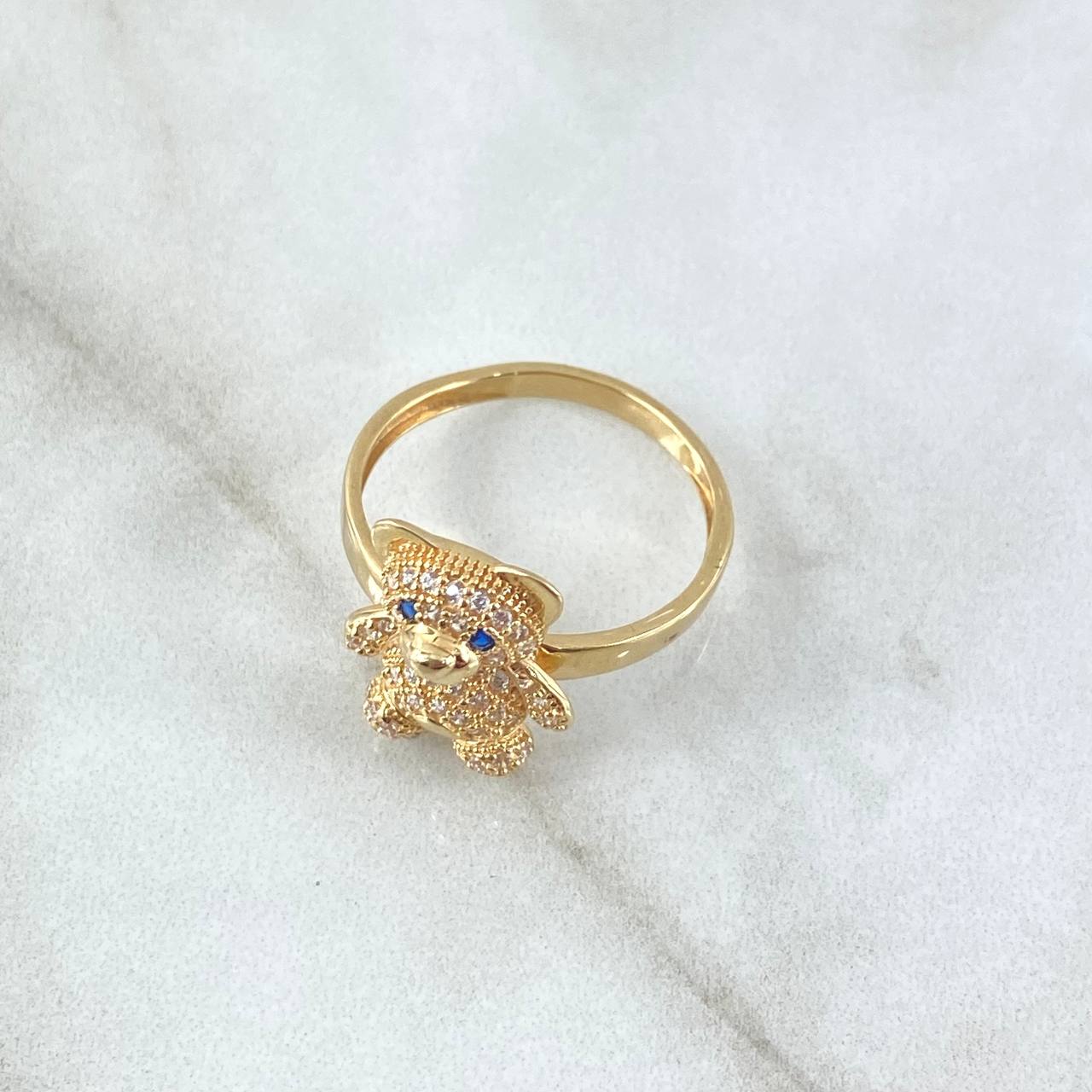 Anillo Oso 3.45gr / T7 3/4 / Ciricones Blancos - Ojos Azules Oro Amarillo 18K ©