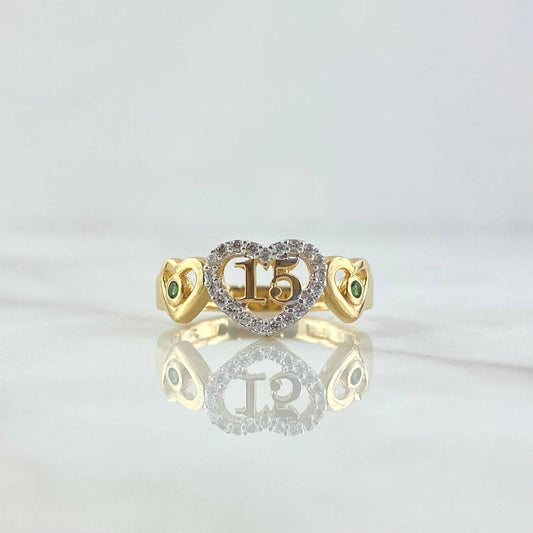 Anillo Triple Corazon Quinces 2.8gr / T6 1/4 / Circones Blancos - Verdes Oro Amarillo 18K ©