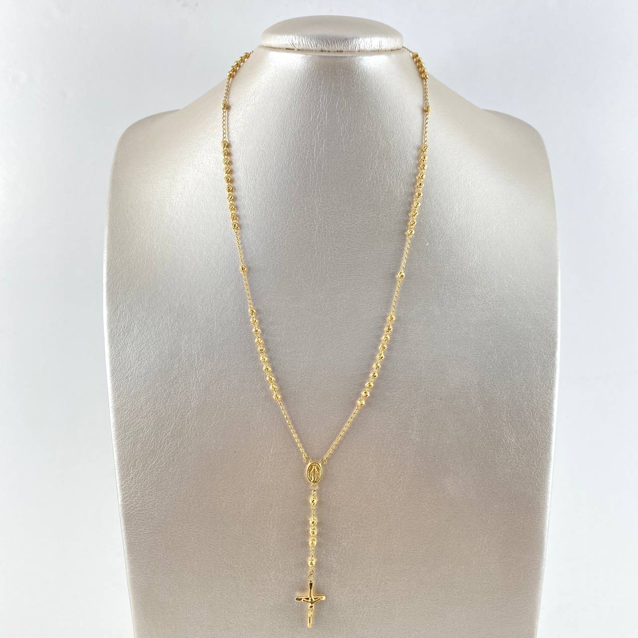 Rosario Virgen Milagrosa 7.5gr / 50cm / 3mm Cruz Punta Planas Bolas Diamantadas Oro Amarillo *