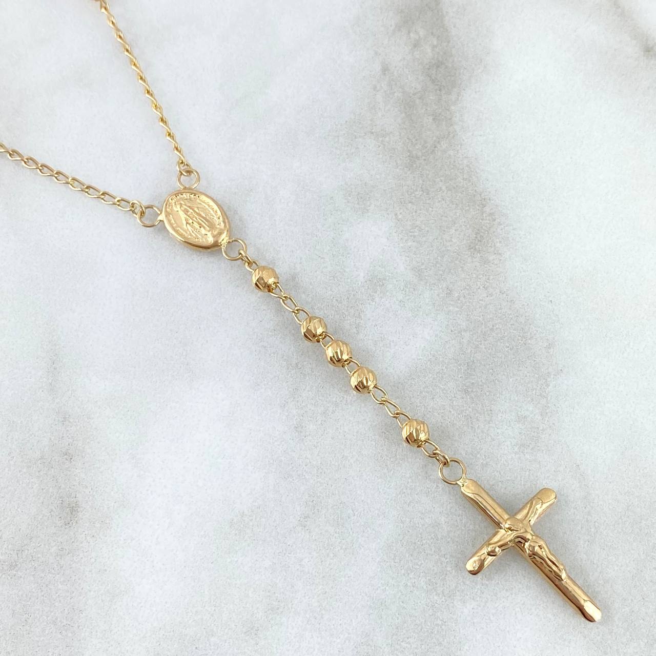 Rosario Virgen Milagrosa 7.5gr / 50cm / 3mm Cruz Punta Planas Bolas Diamantadas Oro Amarillo *