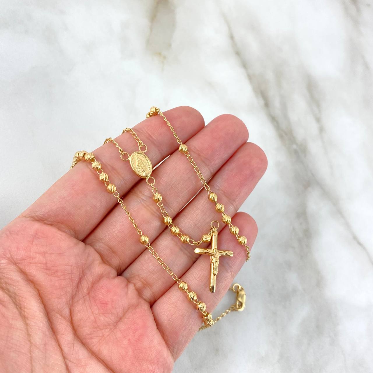 Rosario Virgen Milagrosa 7.5gr / 50cm / 3mm Cruz Punta Planas Bolas Diamantadas Oro Amarillo *