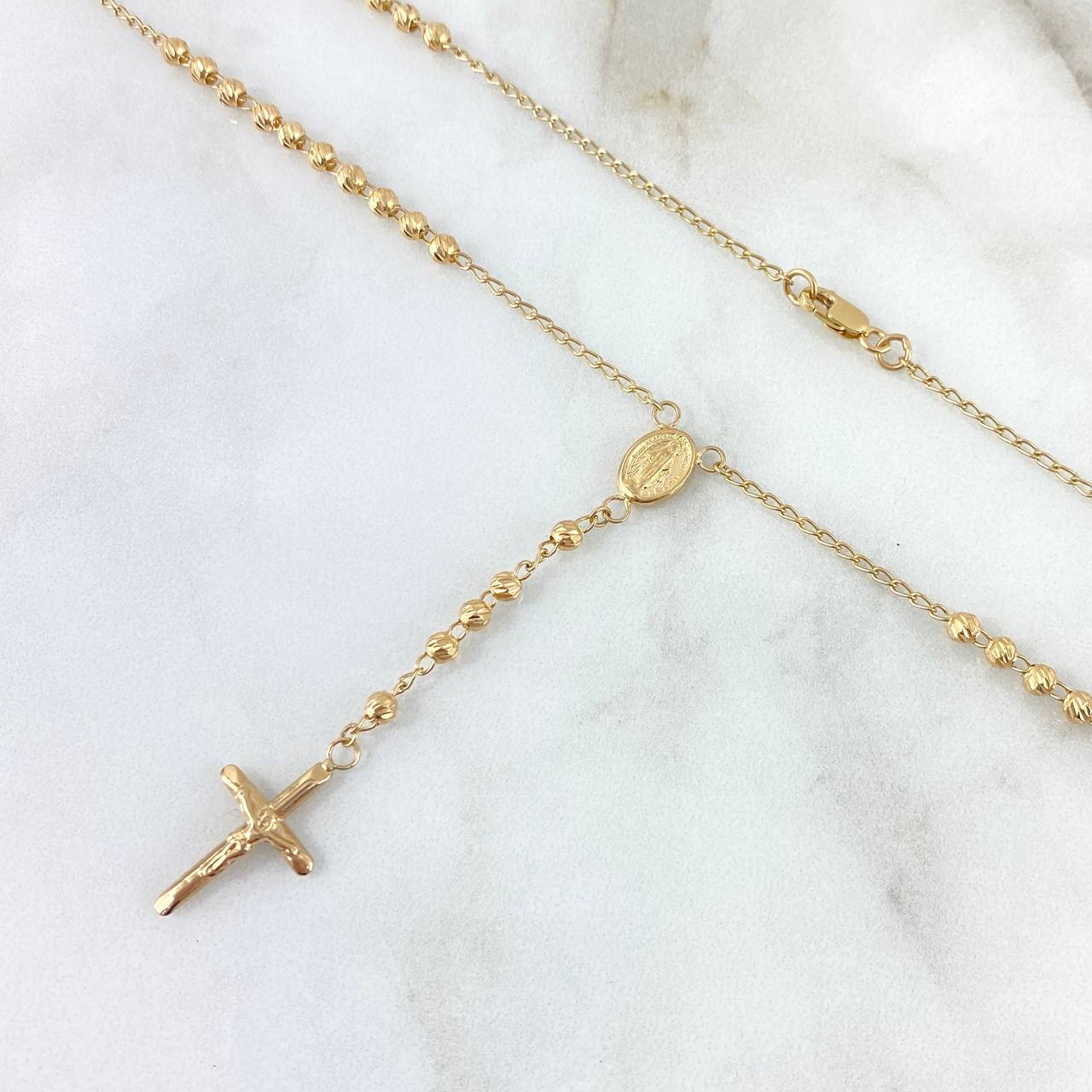 Rosario Virgen Milagrosa 7.5gr / 50cm / 3mm Cruz Punta Planas Bolas Diamantadas Oro Amarillo *