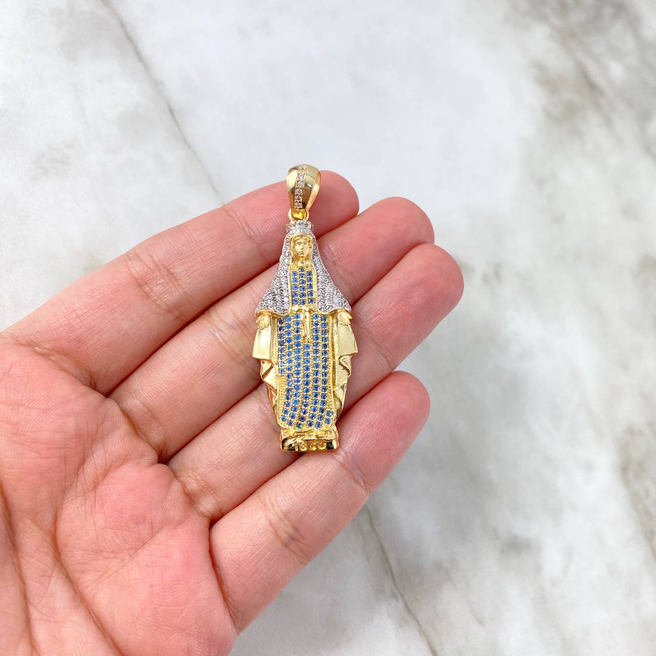 Dije Virgen Milagrosa 8gr / 5.2cm / Circones Blancos-Azul Celeste Dos Oros Amarillo Blanco