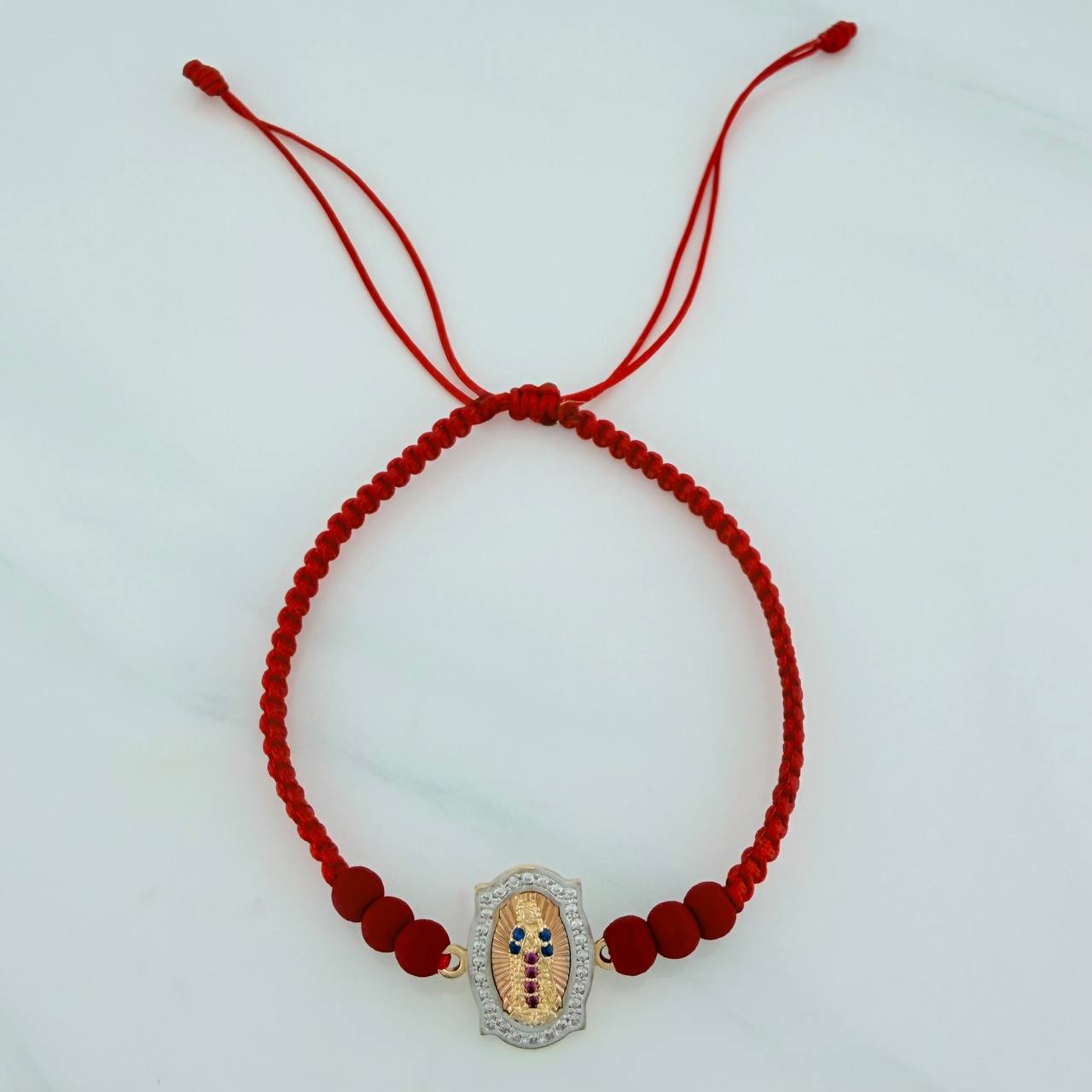Pulsera Tejida Roja Virgen de Guadalupe 2.1gr / Tres Oros 18K &