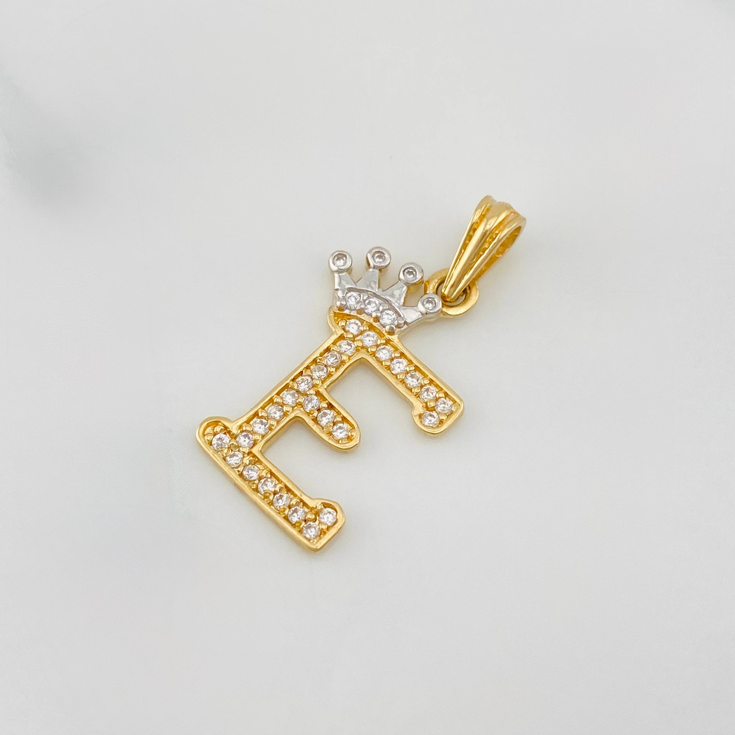 Dije Corona Letra E 1.25 g / 2.4 cm Dos Oros Amarillo Blanco 18K