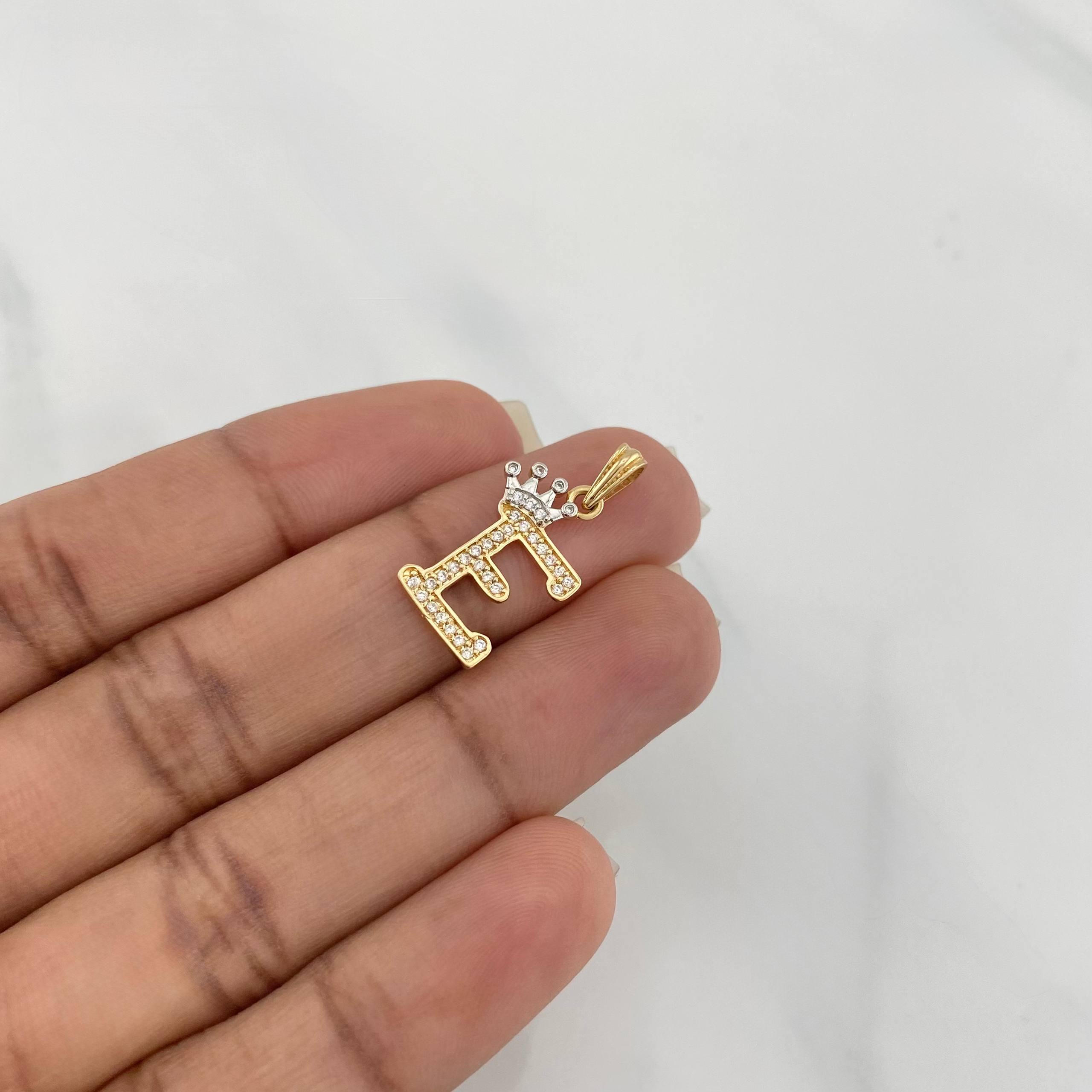 Dije Corona Letra E 1.25 g / 2.4 cm Dos Oros Amarillo Blanco 18K
