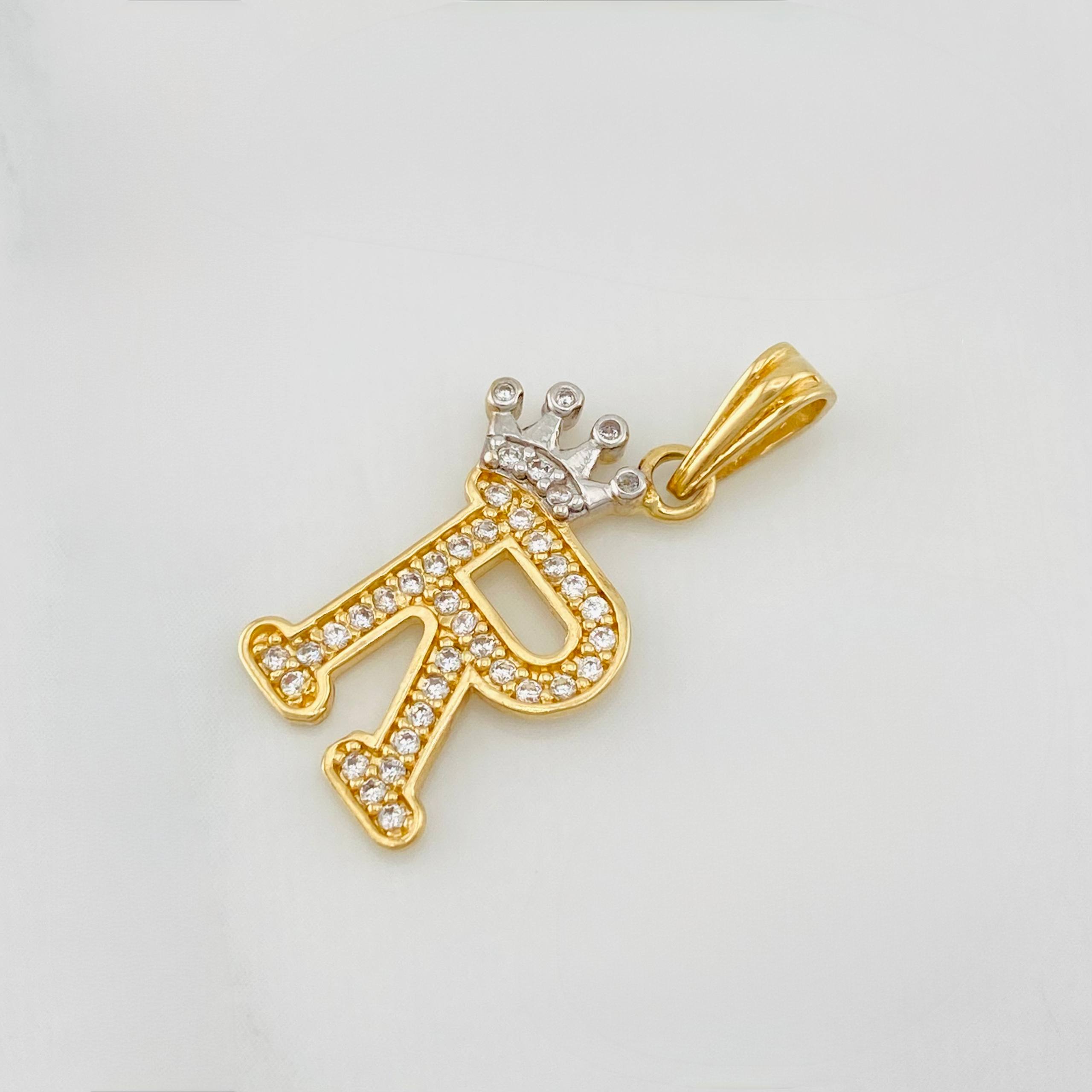 Dije Corona Letra R 1.55 g / 2.5 cm Dos Oros Amarillo Blanco 18K