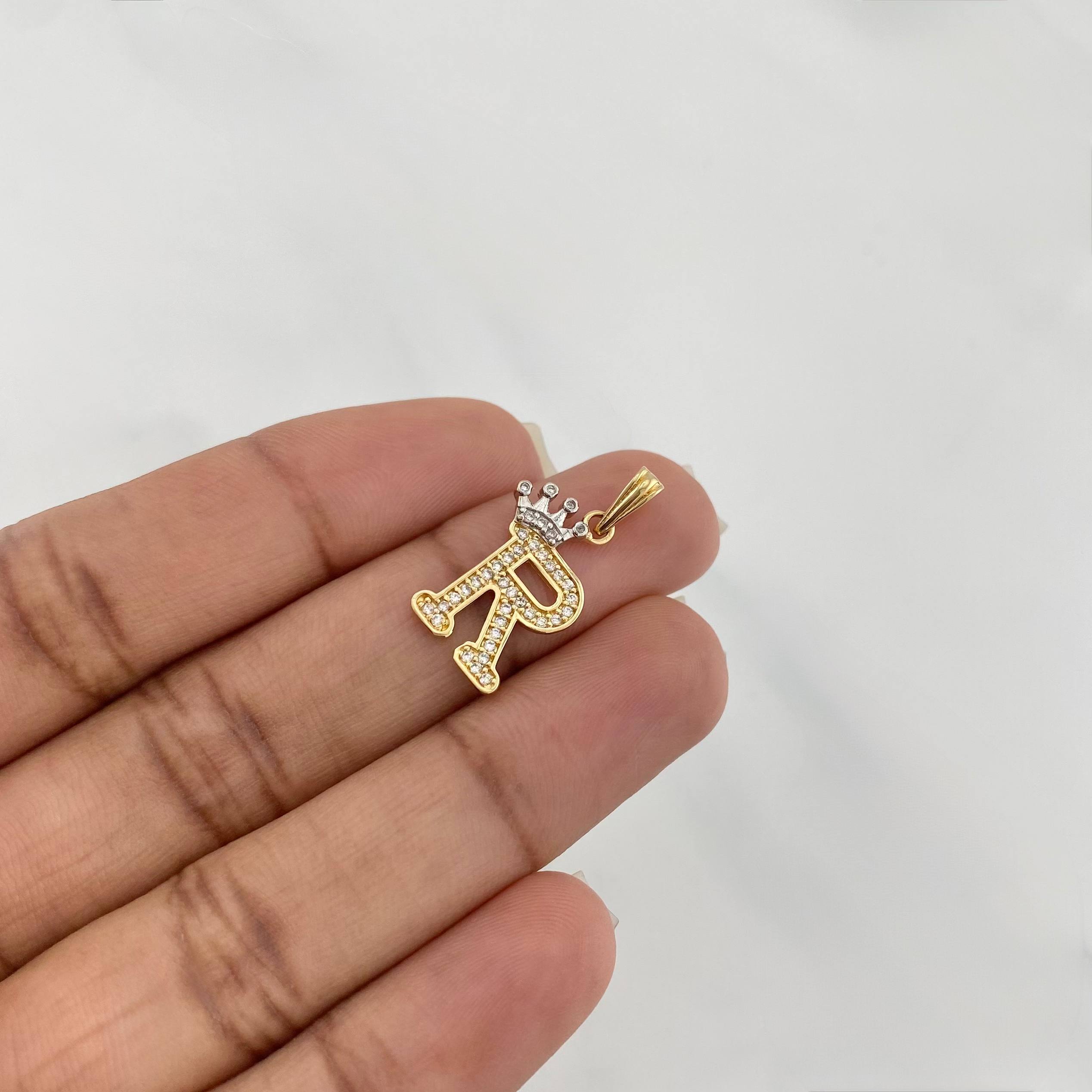 Dije Corona Letra R 1.55 g / 2.5 cm Dos Oros Amarillo Blanco 18K