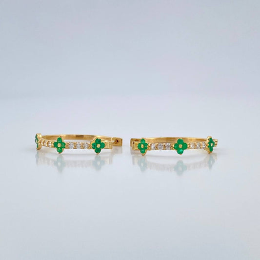 Candongas Trebol Mini Esmeraldas Diamantes 1.85gr / 1.9cm / Oro Amarillo 18K %