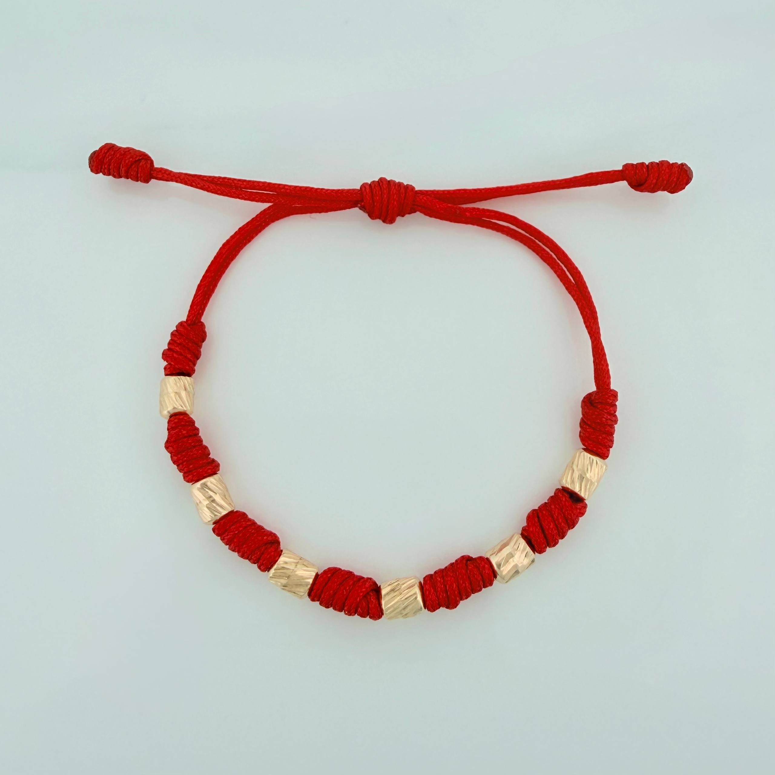 Pulsera Tejida Roja 7 Nudos 6 Cilindros Diamantadas Oro Amarillo 18K