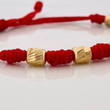 Pulsera Tejida Roja 7 Nudos 6 Cilindros Diamantados Oro Amarillo 18K