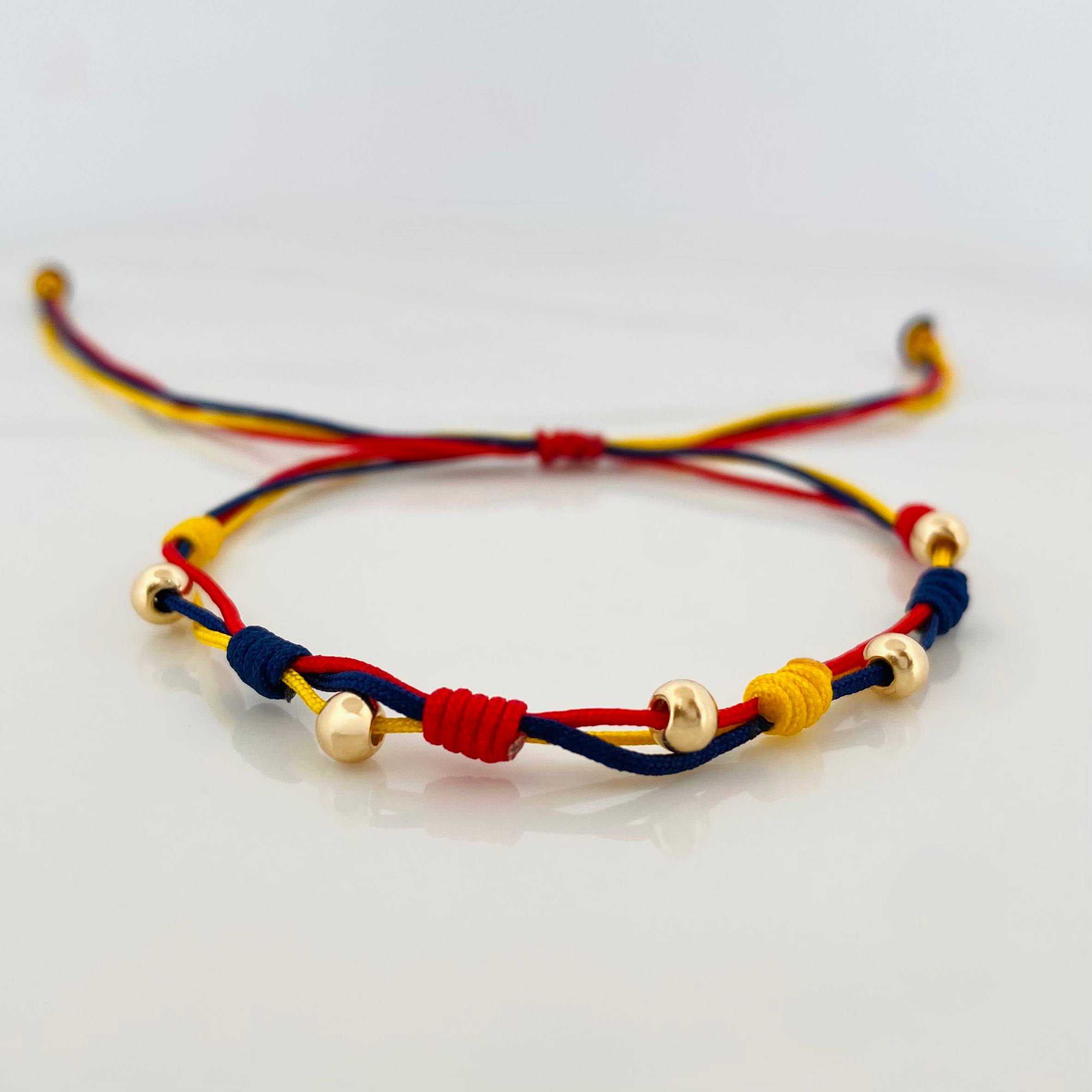 Pulsera Tejida Tricolor 5 Bolas Lisas Oro Amarillo 18K