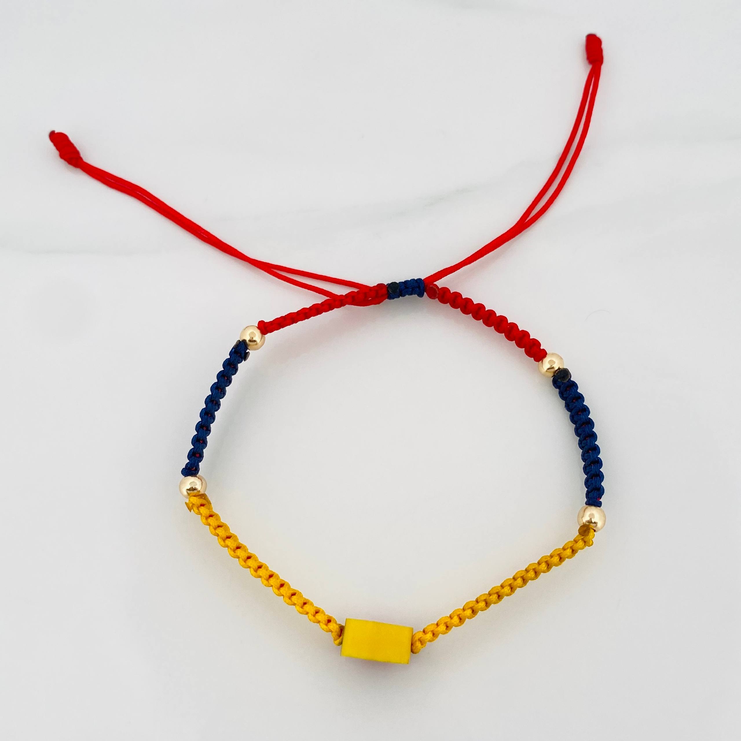 Pulsera Tejida Tricolor 4 Bolas Lisas Oro Amarillo 18K