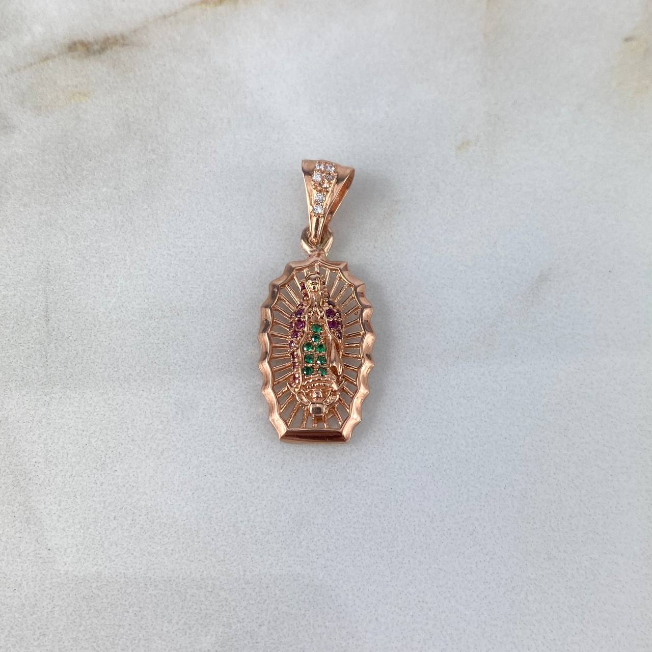 Dije Virgen de Guadalupe 2.8gr / 3.2cm / Circones Blancos-Verdes-Fucsias Oro Rosa