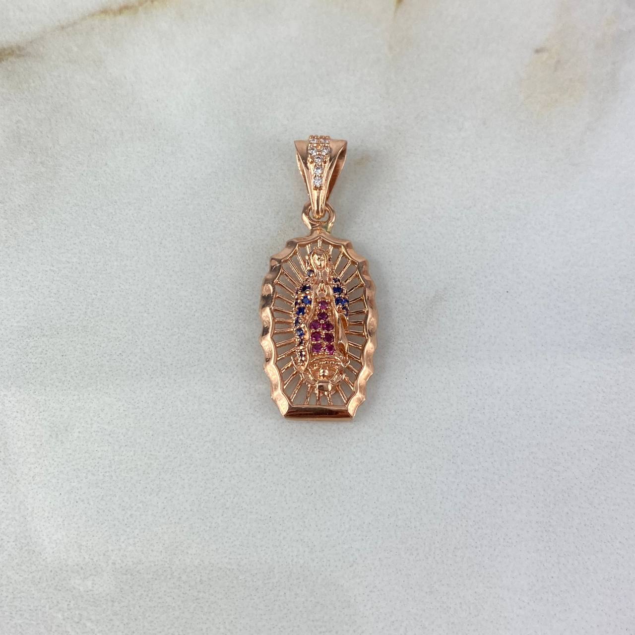 Dije Virgen de Guadalupe 2.75gr / 3.2cm / Circones Blancos-Azules-Fucsias Oro Rosa