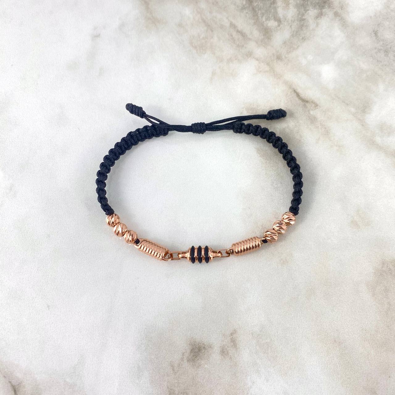 Pulsera Negra Retazo Rustico 2.6gr / 6mm-5mm Bolas Diamantadas 6 und Oro Rosa *