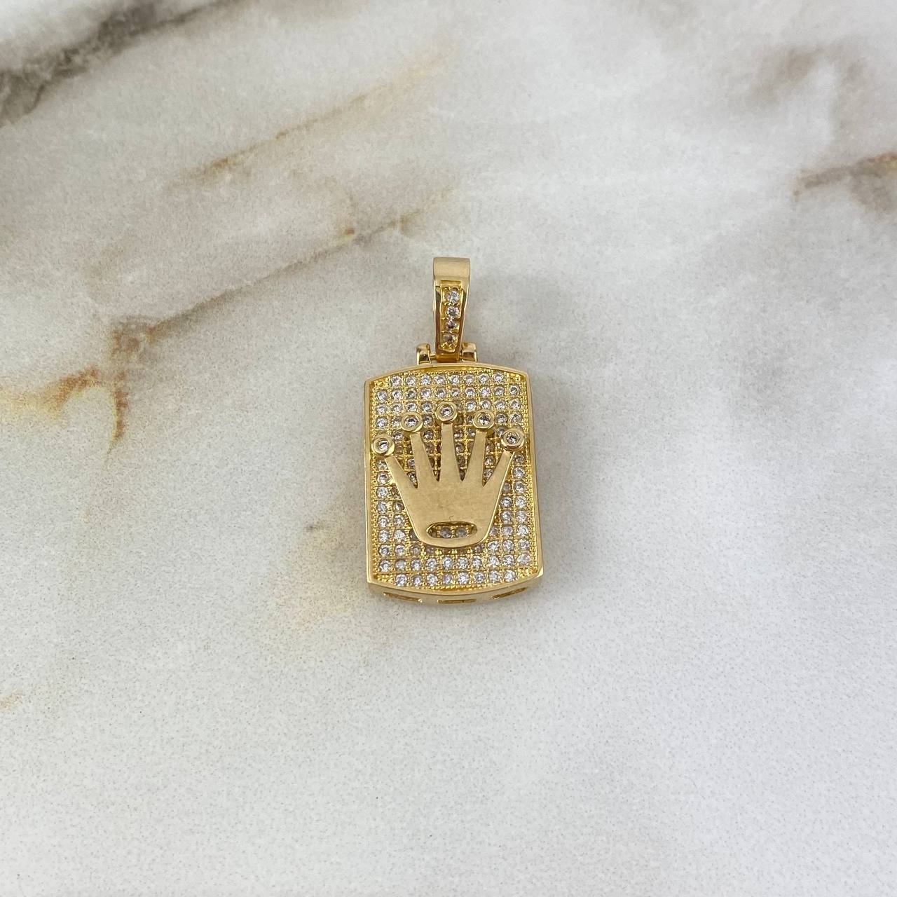 Dije Placa Rectangular Corona RX 4.6gr / 2.8cm / Circones Blancos Oro Amarillo