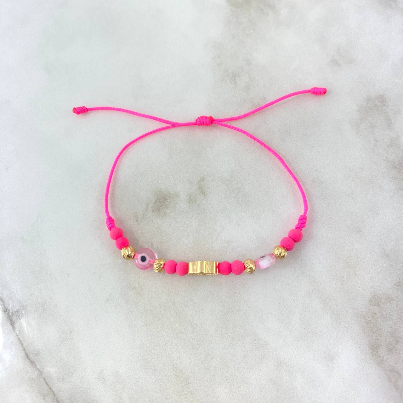 Pulsera Rosa Hamsa Tridimensional 1.4gr / 4mm Bolas Diamantadas 4 und Circones Fucsias Oro Amarillo *