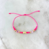 Pulsera Rosa Hamsa Tridimensional 1.4gr / 4mm Bolas Diamantadas 4 und Circones Fucsias Oro Amarillo *