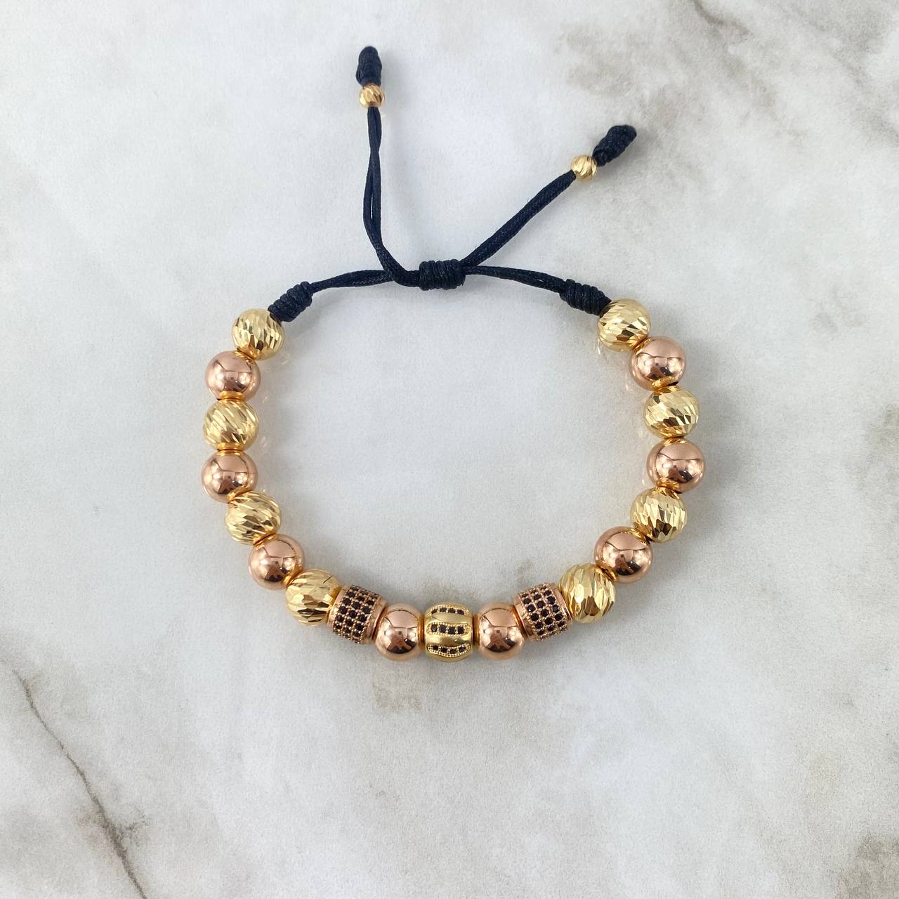 Pulsera Negra Trio Bolas de Fuego 10.4gr / 8mm-4mm Bolas Diamantadas Lisas 18 und Circones Negros Dos Oros Amarillo Rosa *