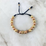 Pulsera Negra Trio Bolas de Fuego 10.4gr / 8mm-4mm Bolas Diamantadas Lisas 18 und Circones Negros Dos Oros Amarillo Rosa *