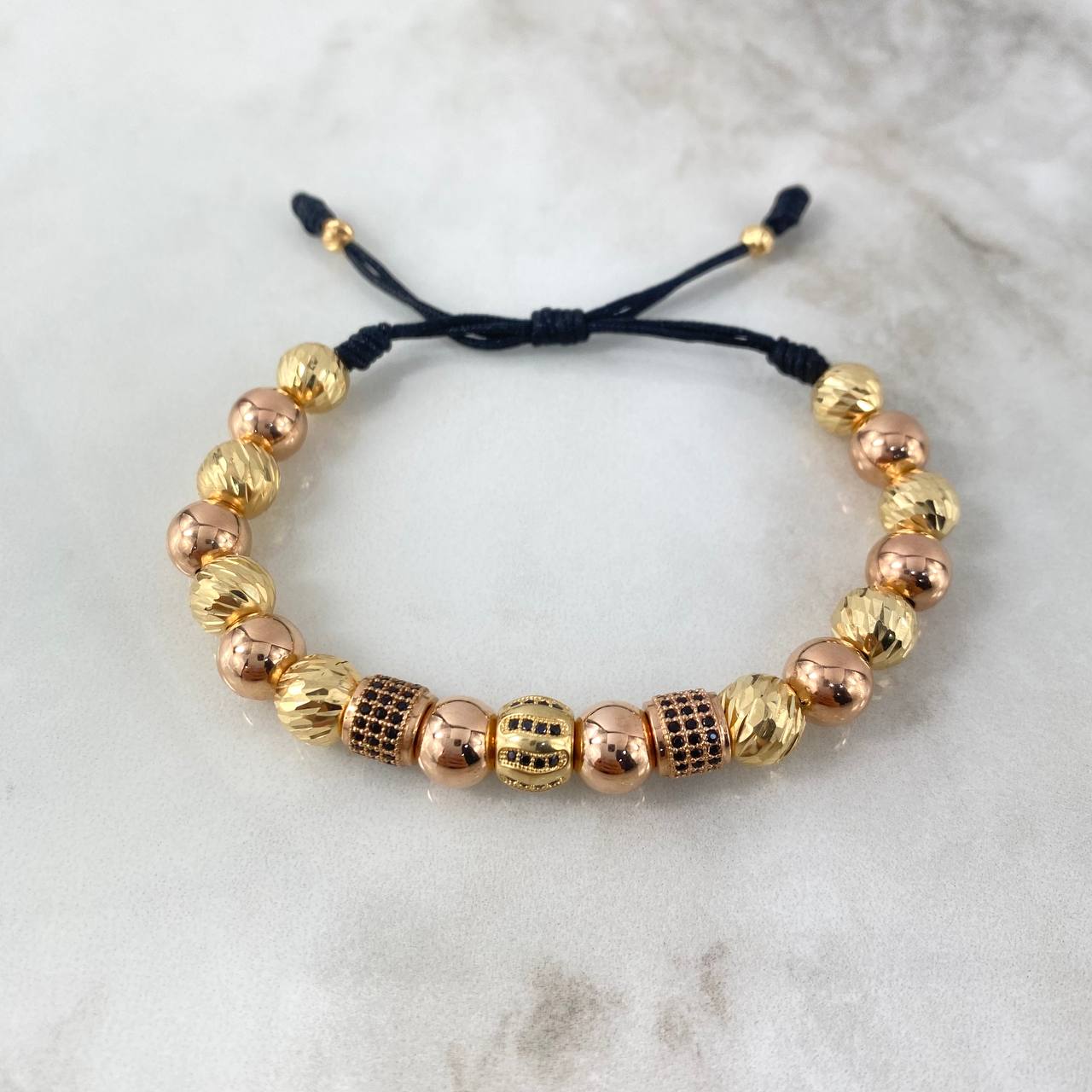 Pulsera Negra Trio Bolas de Fuego 10.4gr / 8mm-4mm Bolas Diamantadas Lisas 18 und Circones Negros Dos Oros Amarillo Rosa *