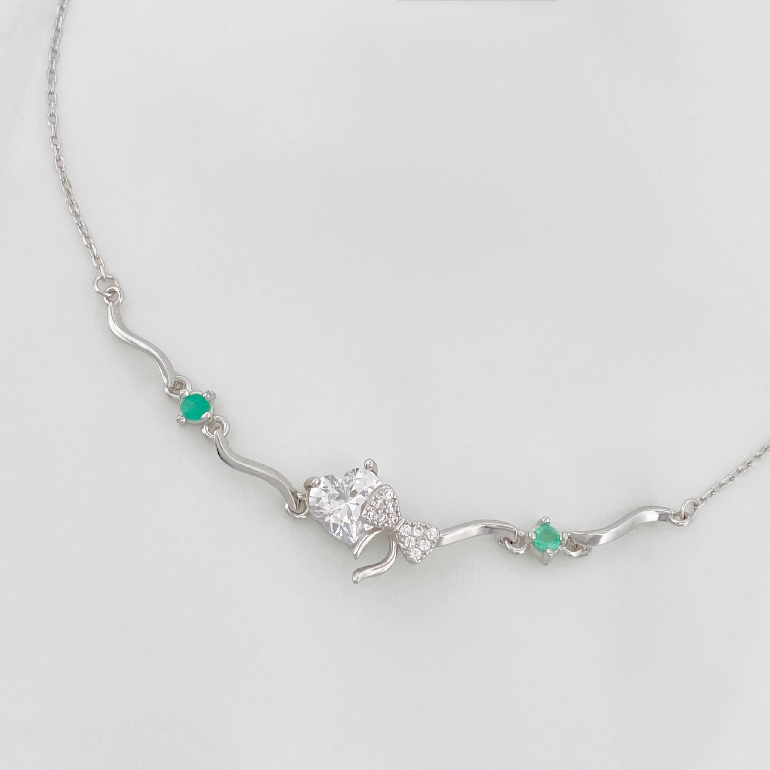 Pulso Corazon Moño Esmeralda 2.95 g / 22 cm / 1 mm Plata Rodinada 925