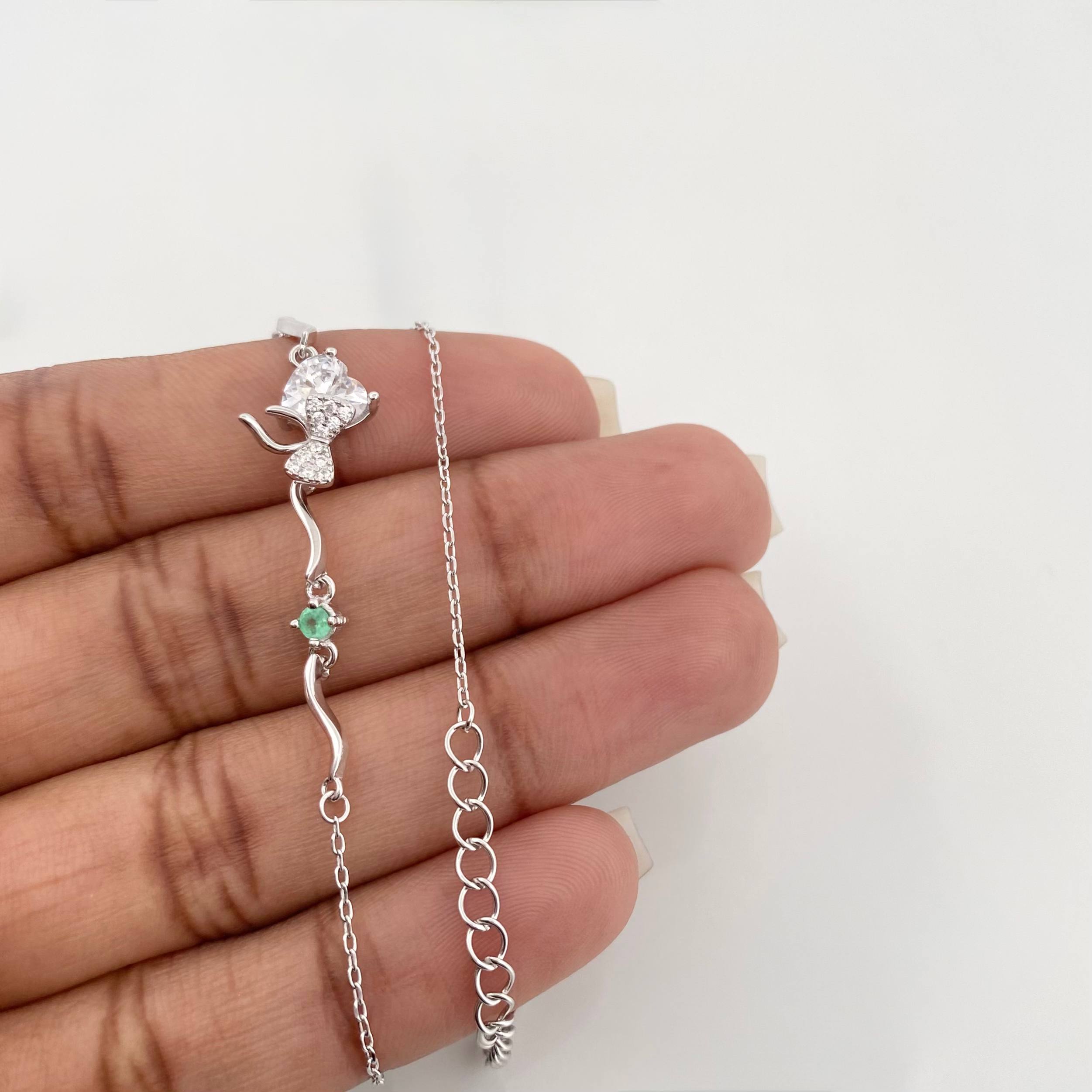 Pulso Corazon Moño Esmeralda 2.95 g / 22 cm / 1 mm Plata Rodinada 925