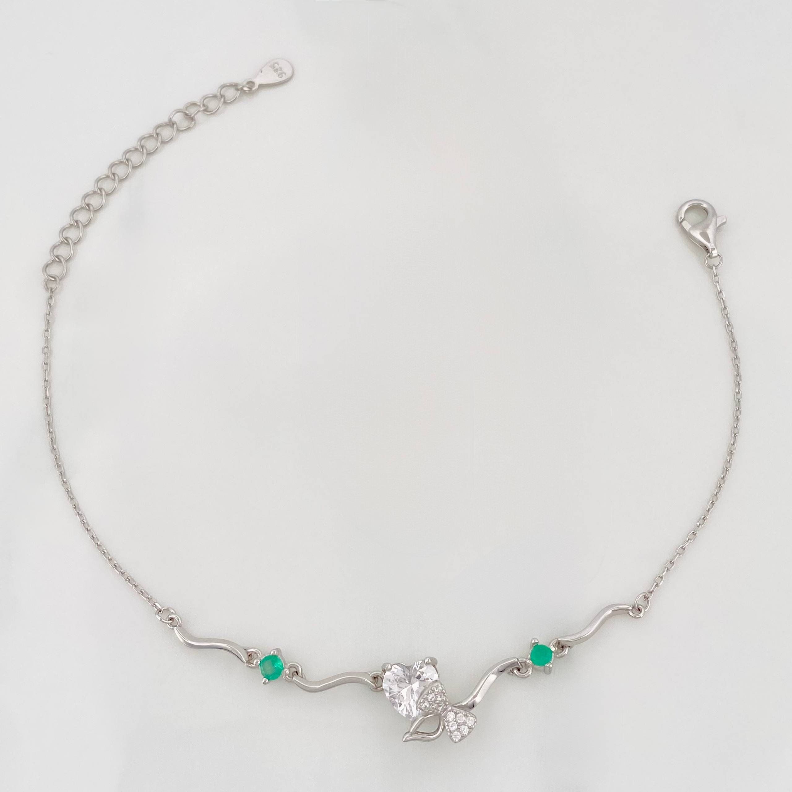 Pulso Corazon Moño Esmeralda 2.95 g / 22 cm / 1 mm Plata Rodinada 925