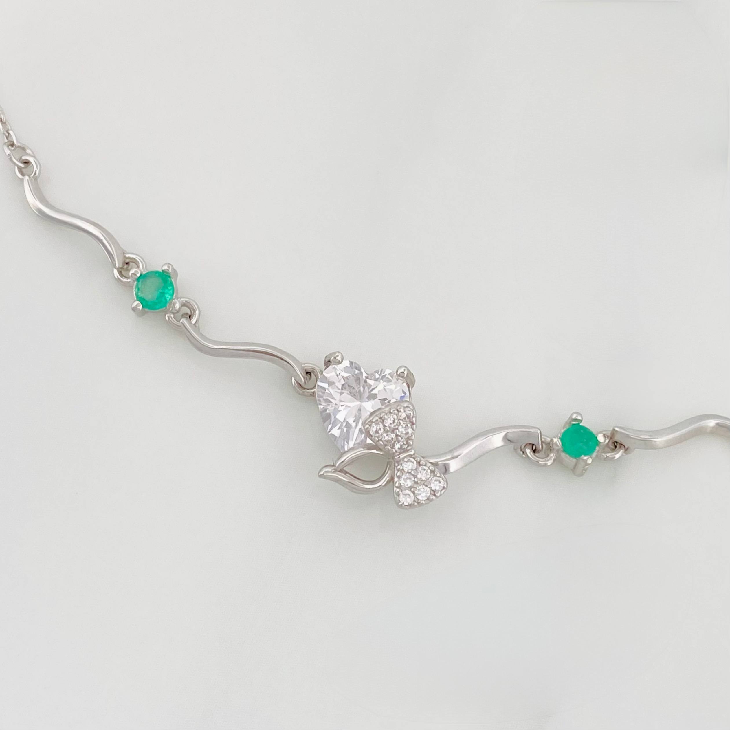 Pulso Corazon Moño Esmeralda 3 g / 22 cm / 1 mm Plata Rodinada 925