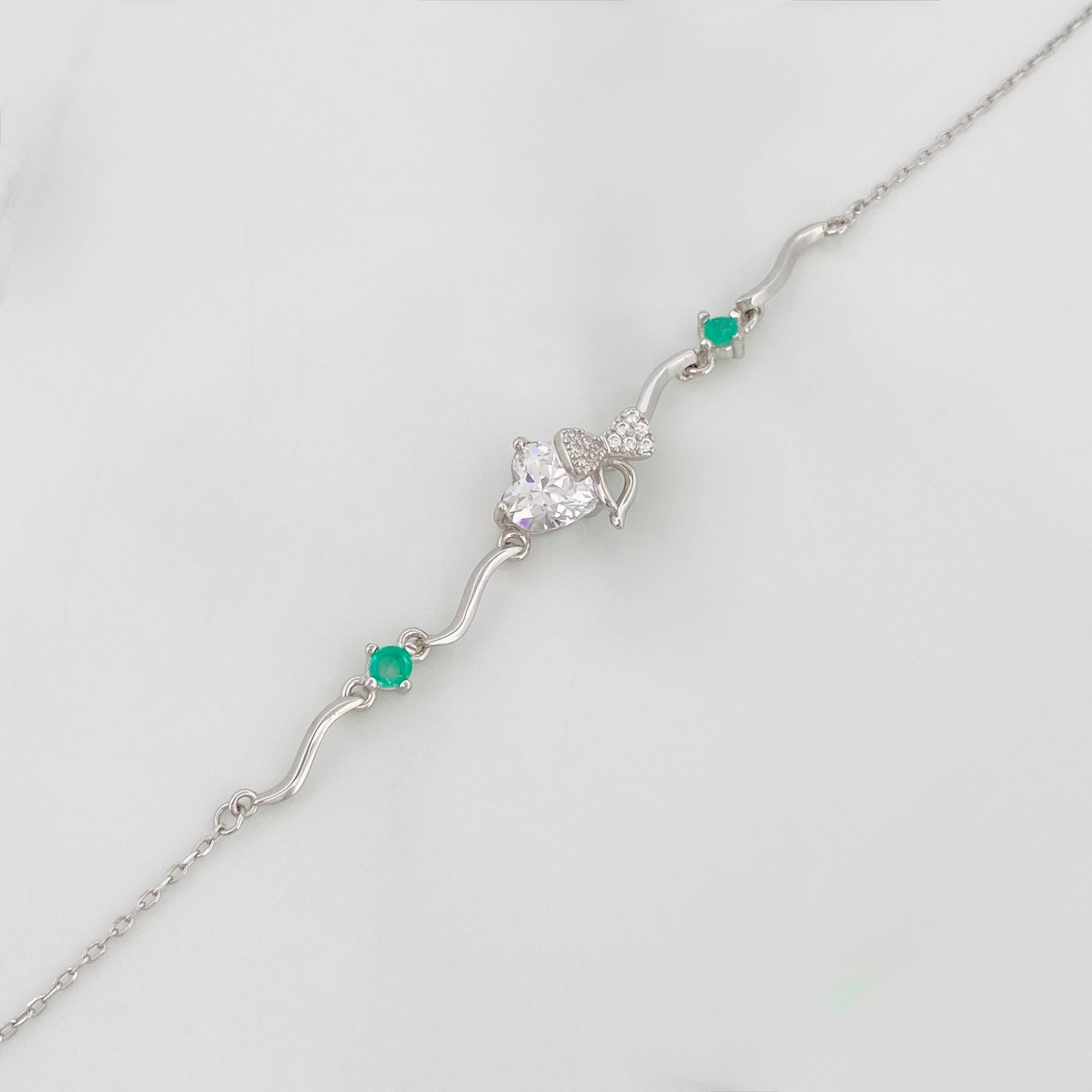 Pulso Corazon Moños Esmeralda 2.95 g / 22 cm / 1 mm Plata Rodinada 925