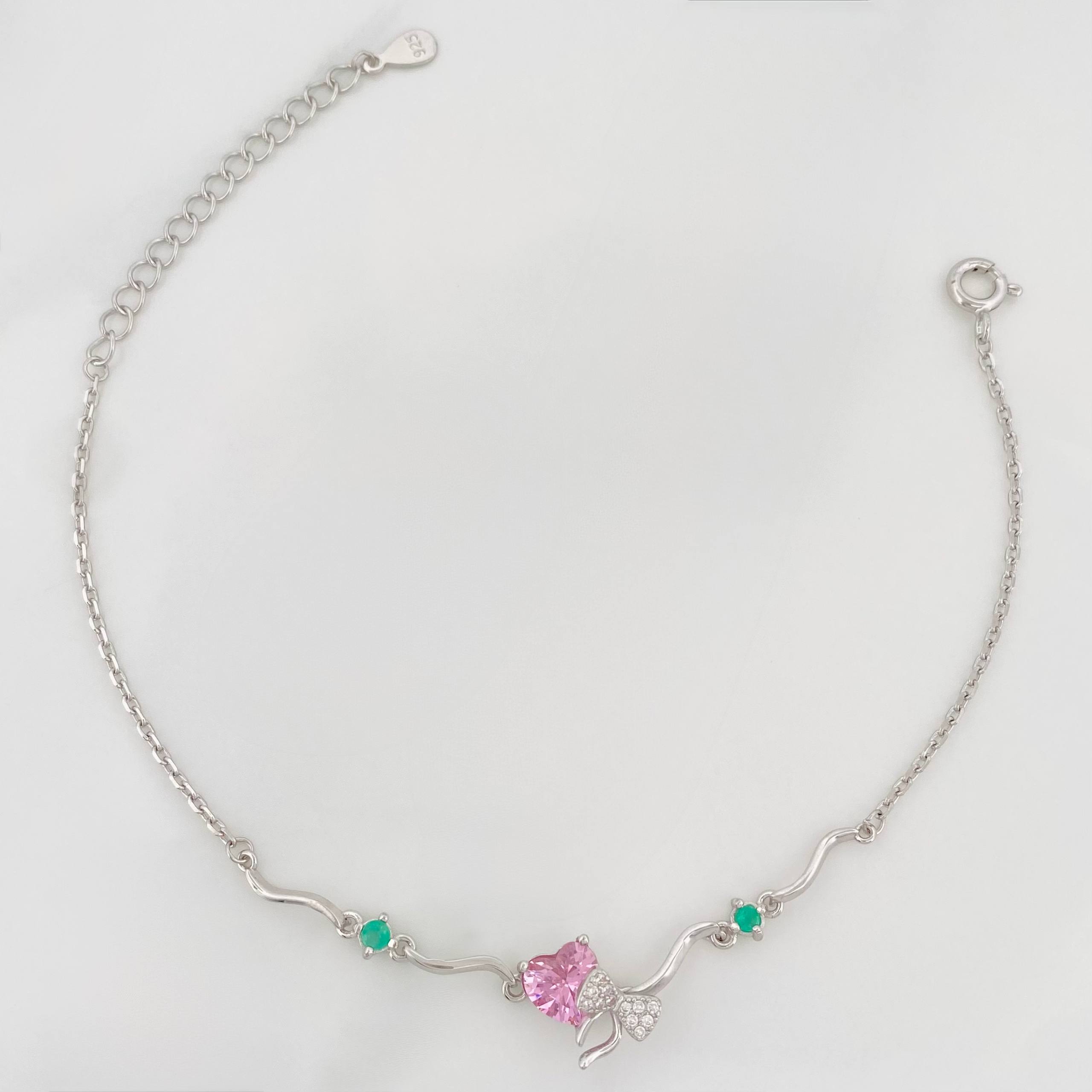 Pulso Corazon Moño Esmeralda 3.1 g / 22 cm / 1 mm Plata Rodinada 925