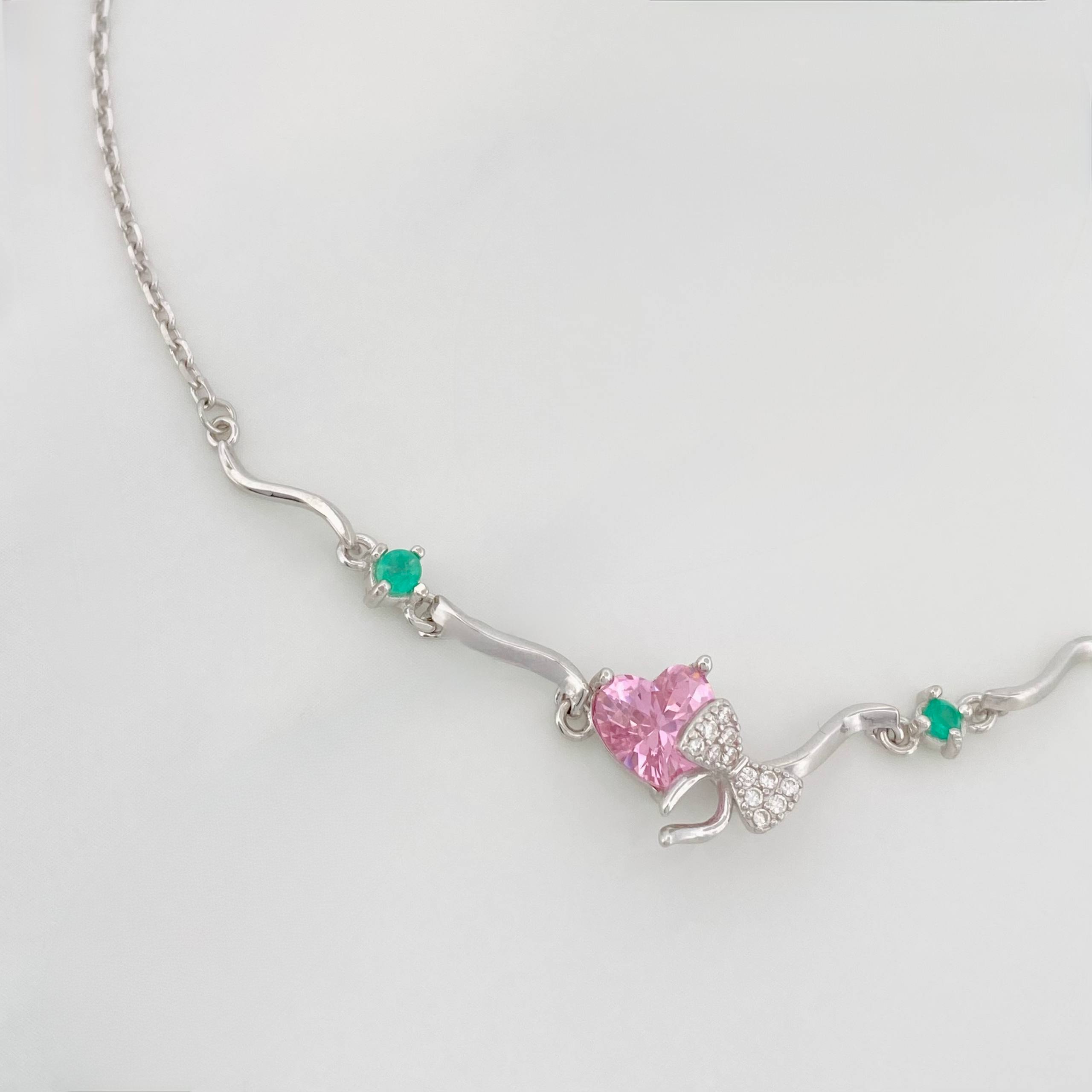 Pulso Corazon Moño Esmeralda 3.1 g / 22 cm / 1 mm Plata Rodinada 925