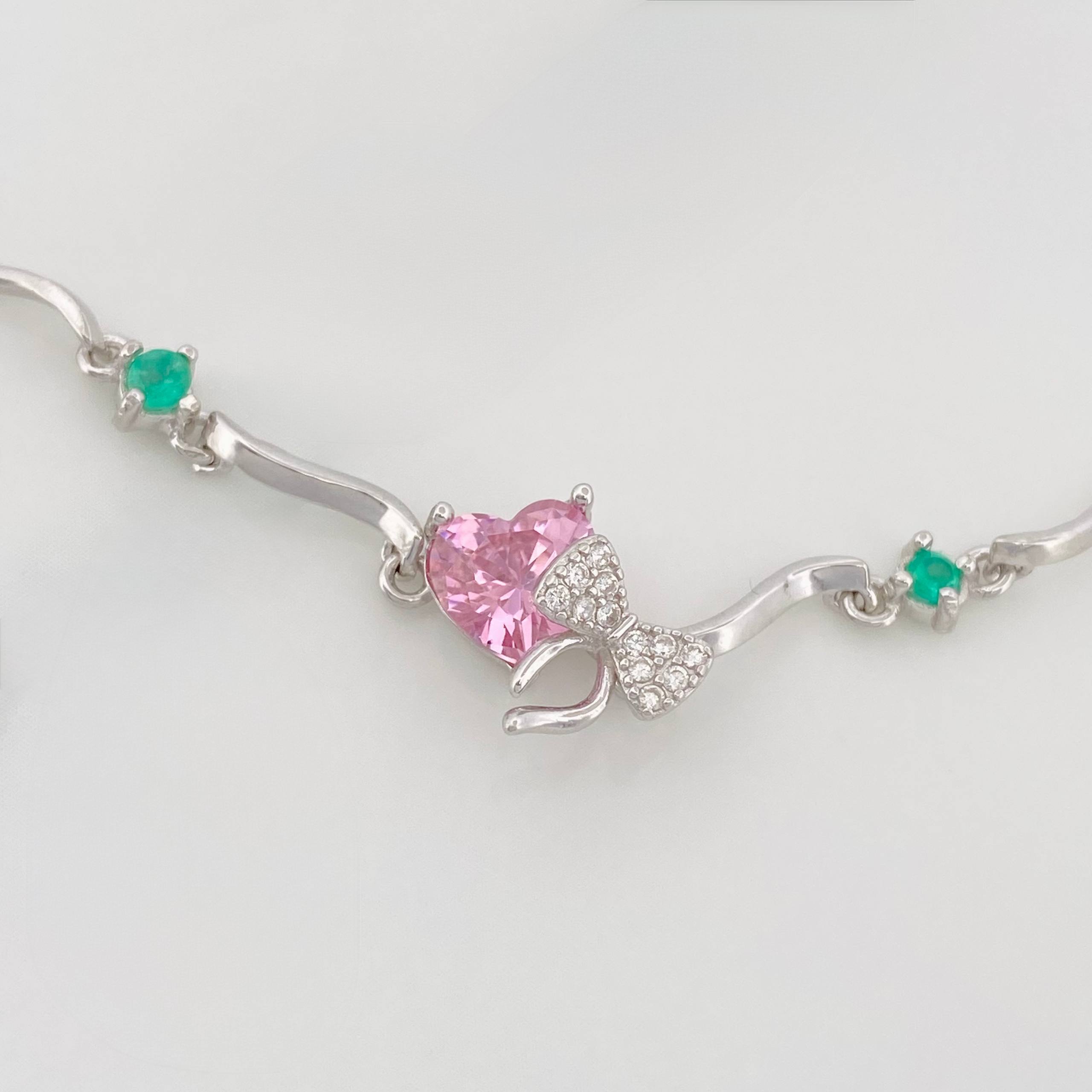 Pulso Corazon Moño Esmeralda 3.1 g / 22 cm / 1 mm Plata Rodinada 925