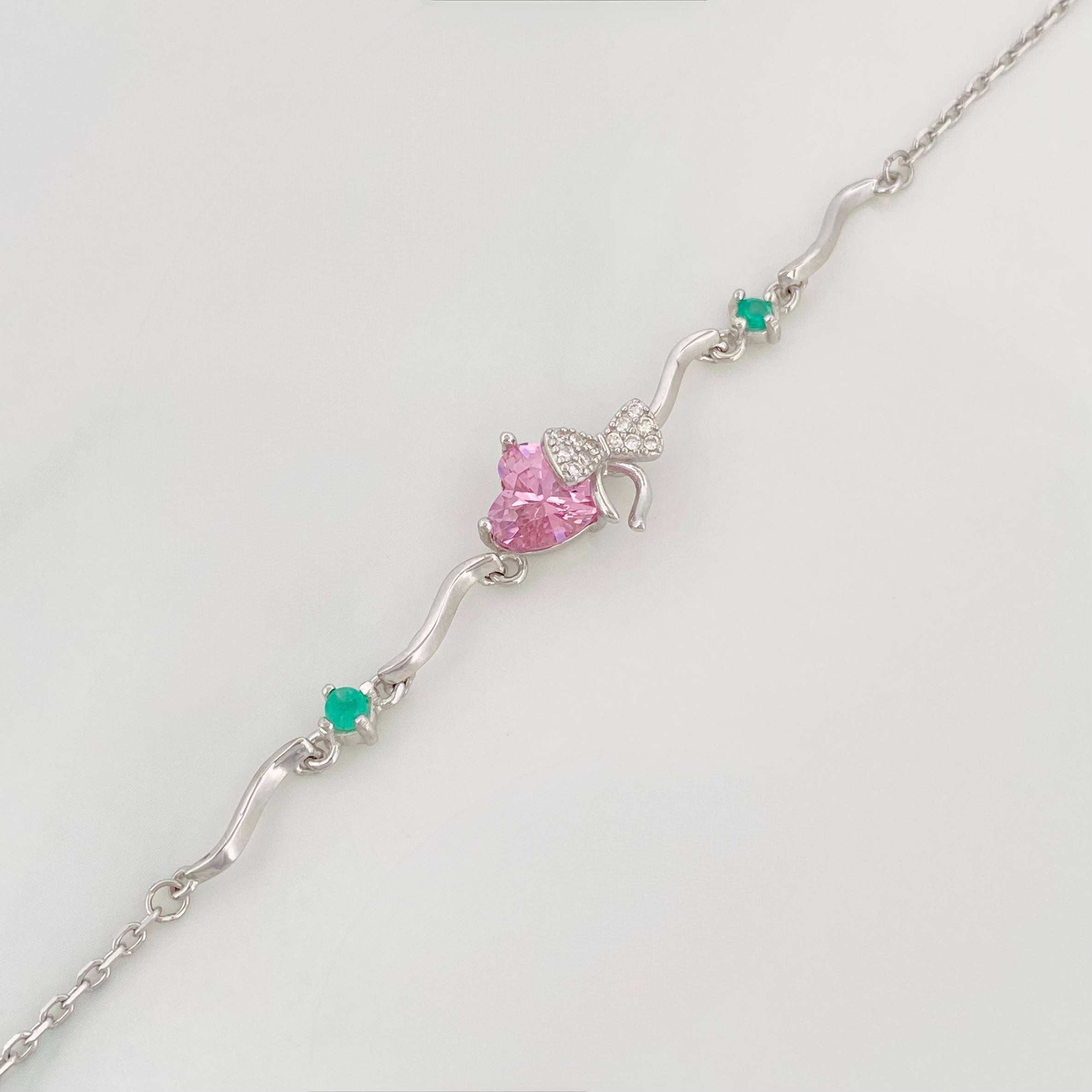 Pulso Corazon Moño Esmeralda 3.1 g / 22 cm / 1 mm Plata Rodinada 925