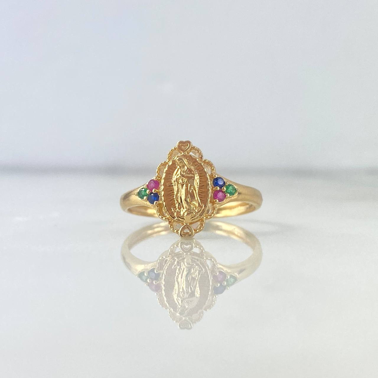 Anillo Virgen de Guadalupe Flor 2.45gr / T7 1/2 / Ovalo Circones Verde Fucsia Azul Oro Amarillo